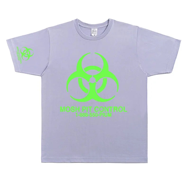 Light purple cotton homixide gang mosh pit control t-shirt with neon green biohazard symbol playboi carti opium merch