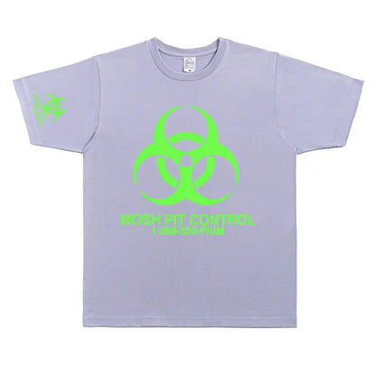 Light purple cotton homixide gang mosh pit control t-shirt with neon green biohazard symbol playboi carti opium merch