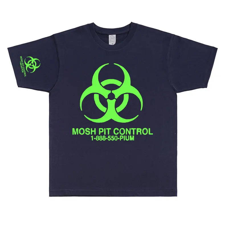 Navy blue cotton homixide gang mosh short-sleeved t-shirt with neon green mosh pit control symbol for Playboi Carti opium fans