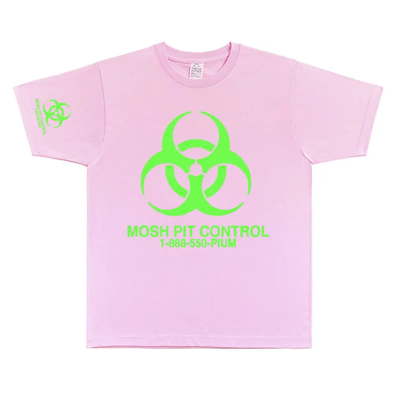 Pink short-sleeved cotton homixide gang mosh t-shirt with neon green biohazard symbol and mosh pit control text