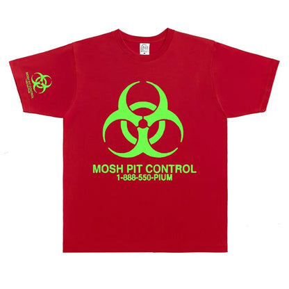 Red short-sleeved cotton homixide gang mosh t-shirt with neon green mosh pit control symbol and playboi carti opium text
