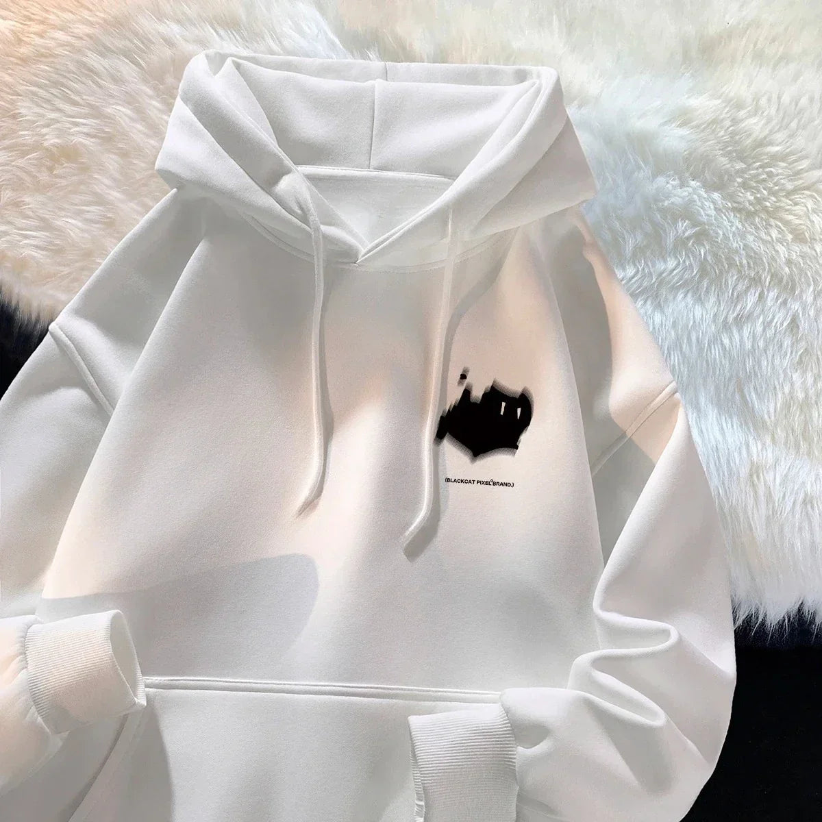 White hoodie with black graphic chest print and matching drawstrings from trendy brand versatile hong kong style collection