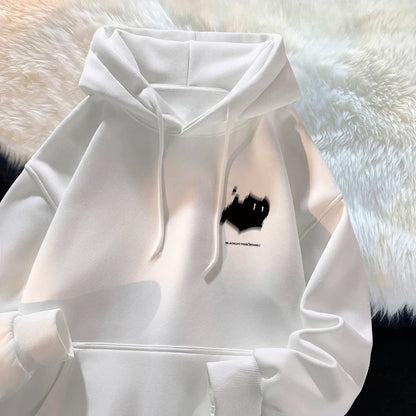 White hoodie with black graphic chest print and matching drawstrings from trendy brand versatile hong kong style collection