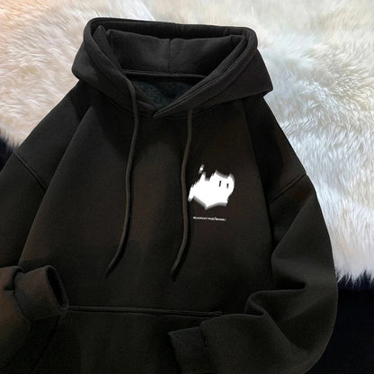 Black hoodie with white ghost graphic and blackght phoenix brand text, a trendy brand versatile hong kong style top