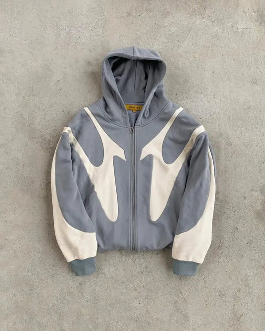 Gray and cream hoodie zipper with bold abstract flame design, womens mens harajuku rock gothic jacket style sweatshirt