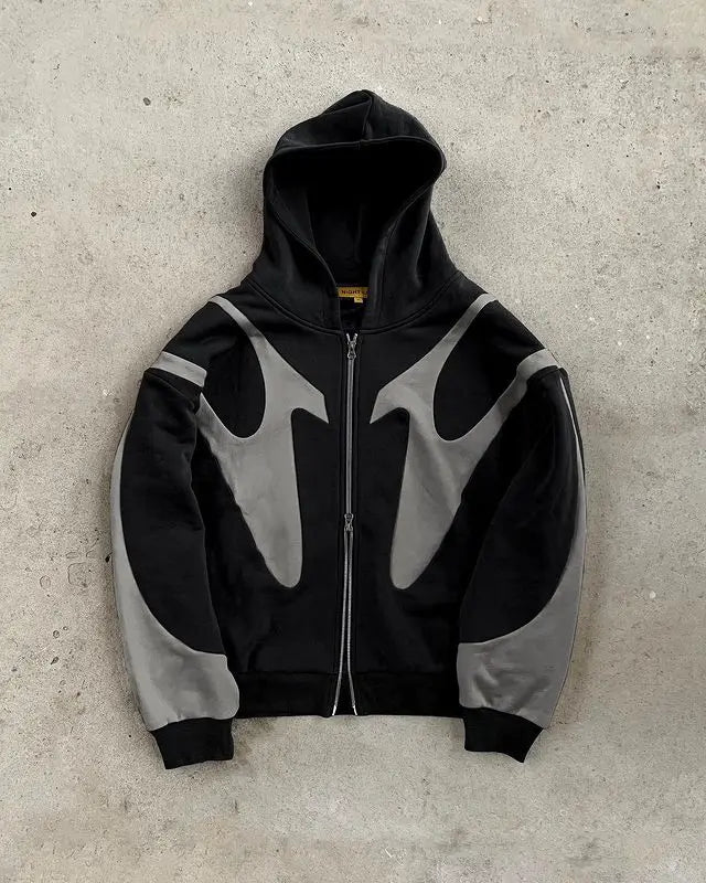 Black and gray hoodie zipper with bold flame-like paneling for womens mens harajuku rock gothic jacket style