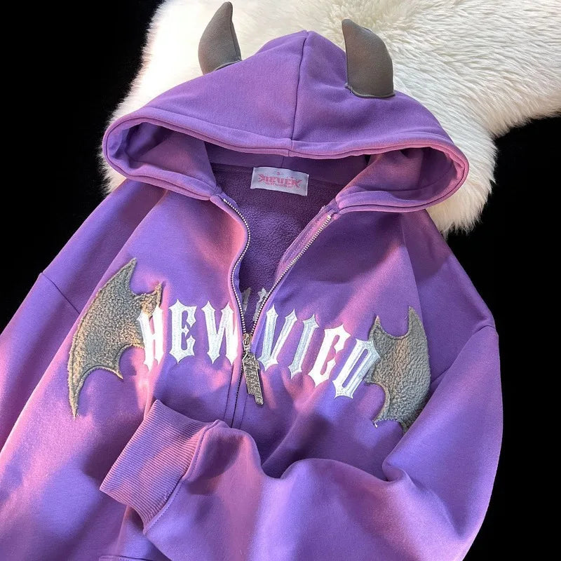 Purple zip-up hoodie with gray devil horns and metallic gold bat wing patches vintage harajuku hoody y2k aesthetic grunge