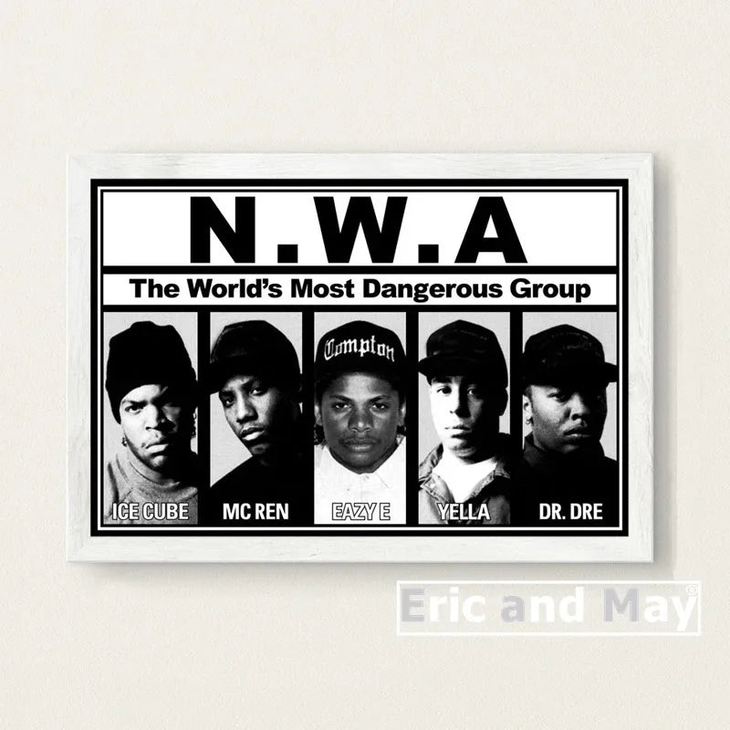 White-framed black-and-white canvas painting poster of n.w.a featuring ice cube dr.dre eazy-e for music wall art decor