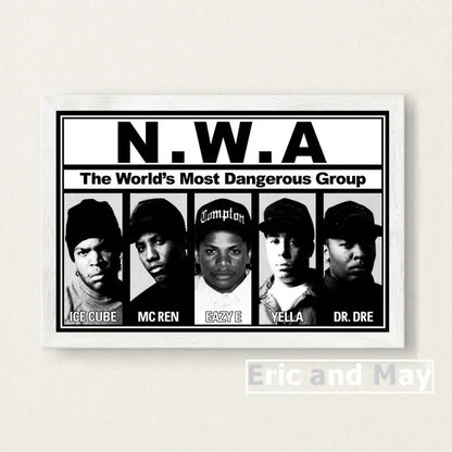 White-framed black-and-white canvas painting poster of n.w.a featuring ice cube dr.dre eazy-e for music wall art decor