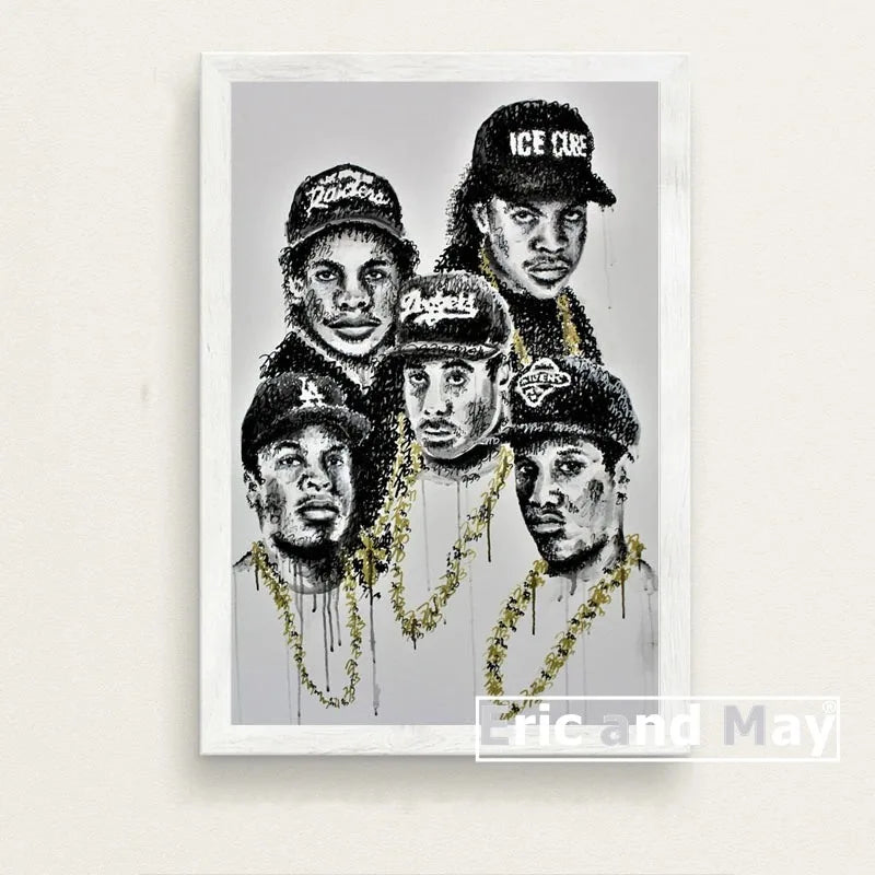Black and white canvas painting posters of NWA hip-hop artists wearing caps and gold chains for music wall art picture decorative use