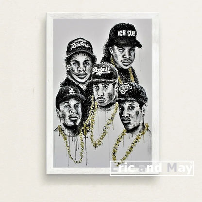 Black and white canvas painting posters of NWA hip-hop artists wearing caps and gold chains for music wall art picture decorative use
