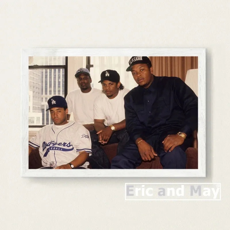 White-framed canvas painting poster of n.w.a featuring ice cube dr. dre and eazy-e for music wall art decor