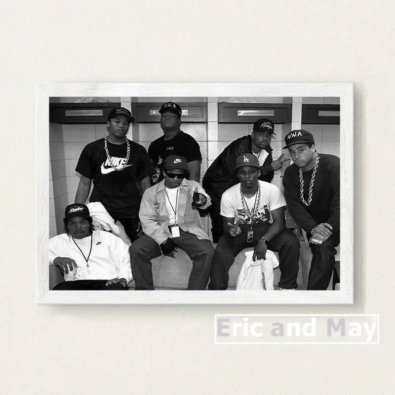 Black-and-white canvas painting poster of wu-tang clan in locker room with iconic caps and chains for music wall art picture decorative use
