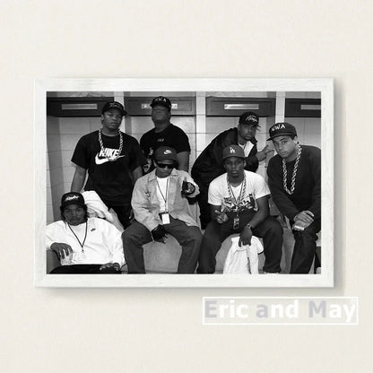 Black-and-white canvas painting poster of wu-tang clan in locker room with iconic caps and chains for music wall art picture decorative use