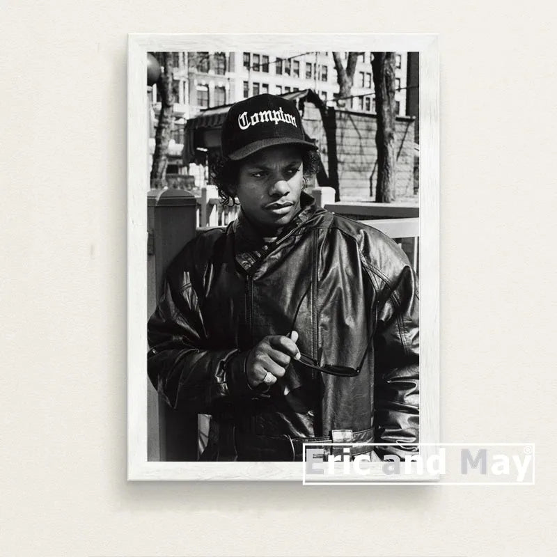 Black and white canvas painting poster of a man wearing a black compton cap for prints music wall art picture decorative use