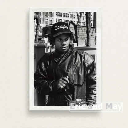 Black and white canvas painting poster of a man wearing a black compton cap for prints music wall art picture decorative use