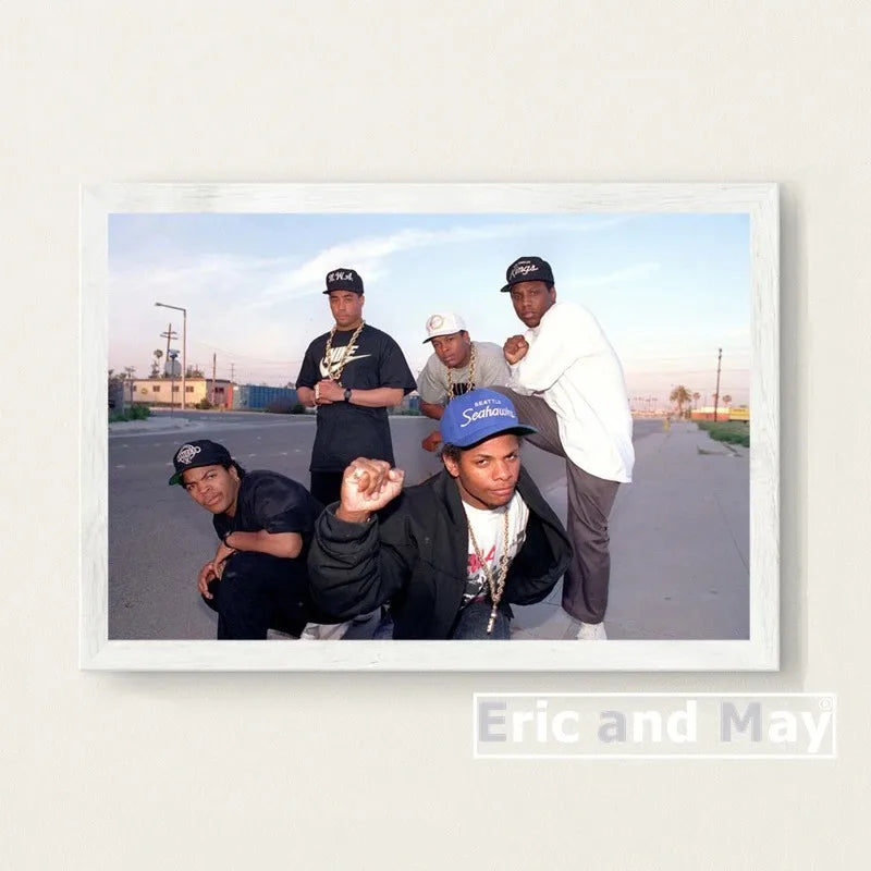 White-framed canvas painting poster of n.w.a featuring ice cube dr dre eazy-e for prints music wall art picture decor