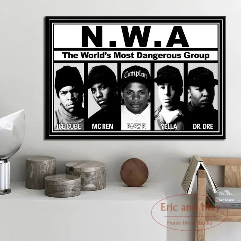 Black and white n.w.a canvas painting poster featuring ice cube dr.dre and eazy-e for music wall art decorative use