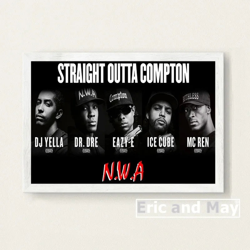 White-framed canvas painting posters featuring black and white portraits of n.w.a for music wall art picture decorative use