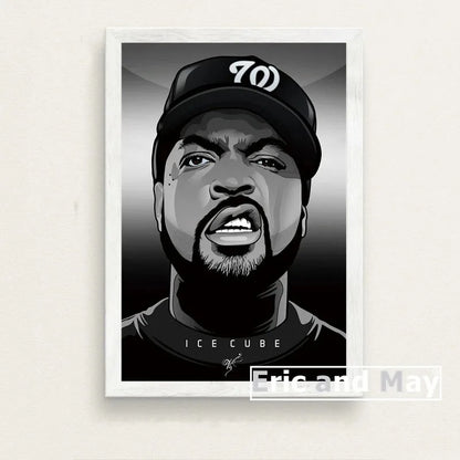 Black and white illustrated canvas painting poster of ice cube wearing cap number 70 for prints music wall art picture decorative use