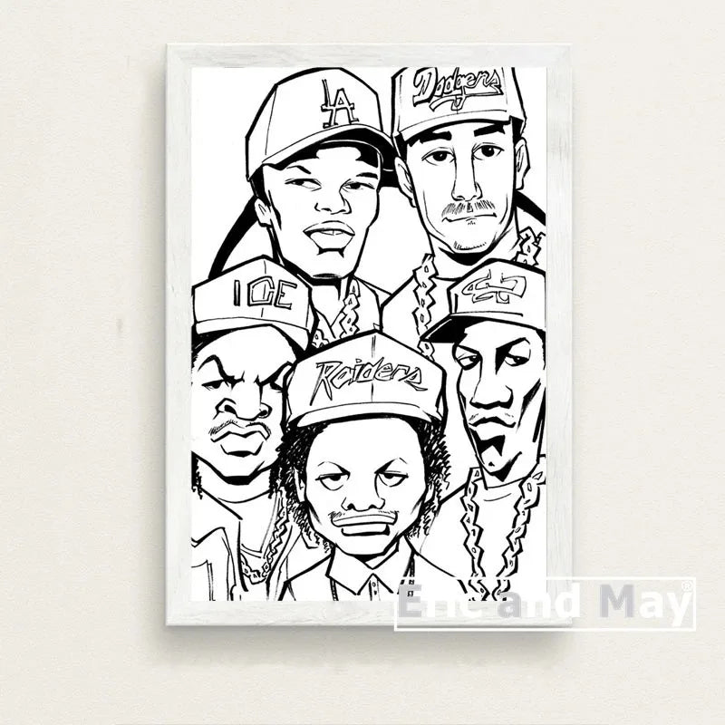 Black-and-white line art canvas painting posters of five hip-hop artists with baseball caps for decorative music wall art picture