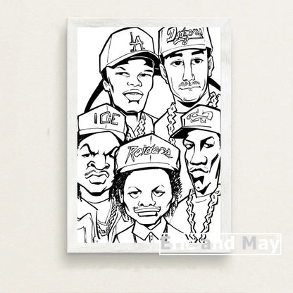 Black-and-white line art canvas painting posters of five hip-hop artists with baseball caps for decorative music wall art picture