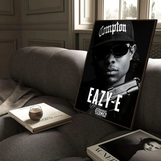 Black-framed canvas painting vintage featuring black-and-white eazy-e portrait and bold text for home bar cafe decor