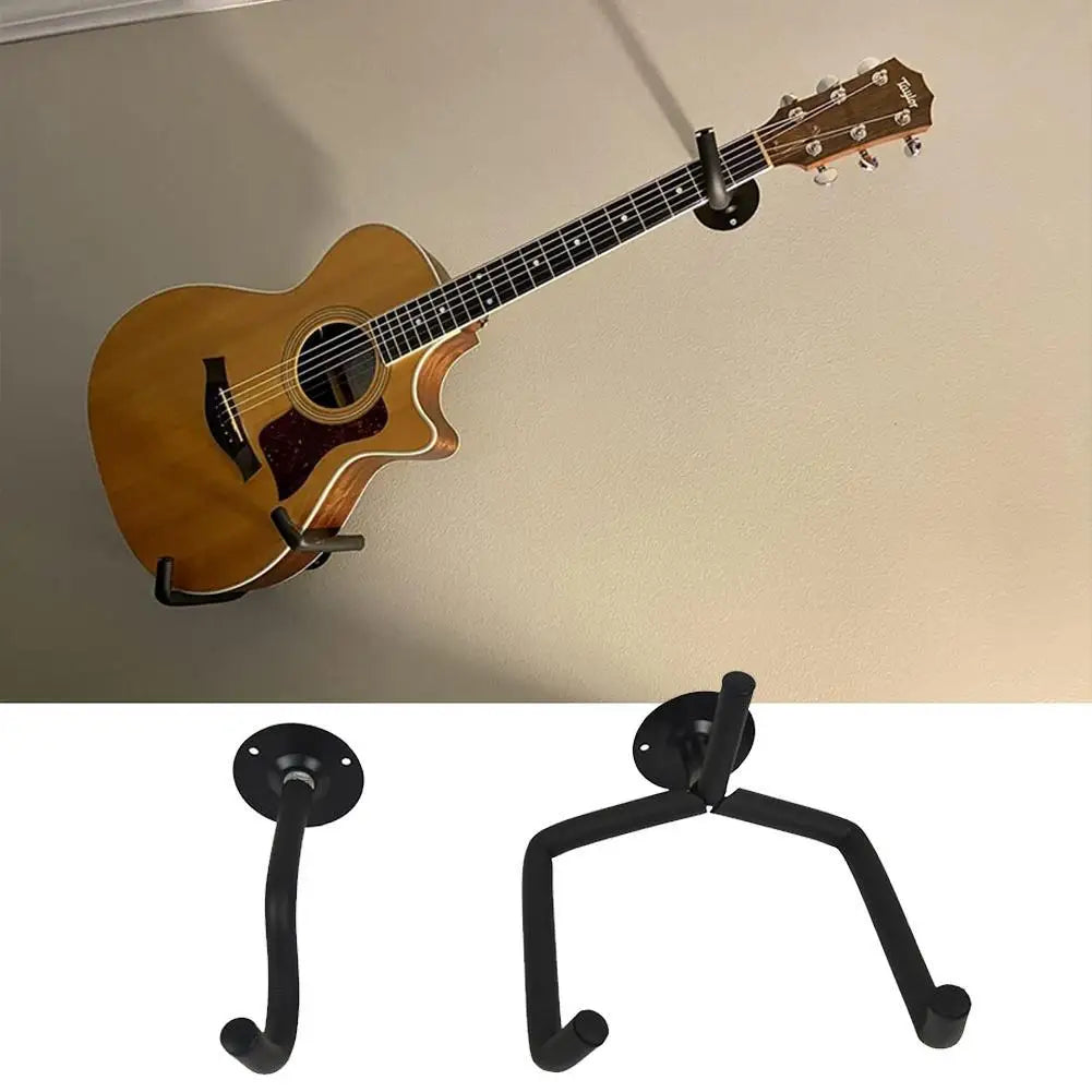 Black metal horizontal metal guitar wall mount with curved hooks and circular plate for acoustic guitar bass mandolins slat display