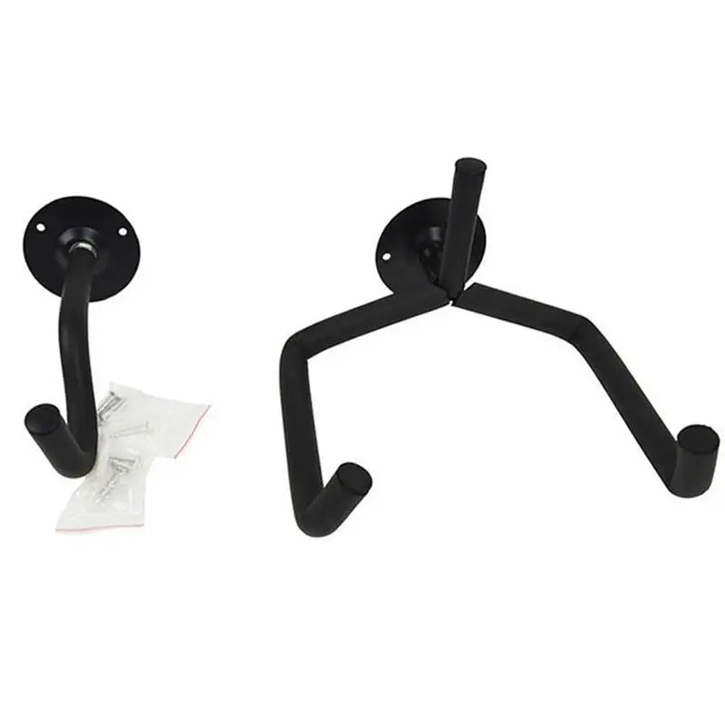 Black metal horizontal metal guitar wall mount with two curved hooks and circular plate for acoustic guitar bass and mandolins slat display