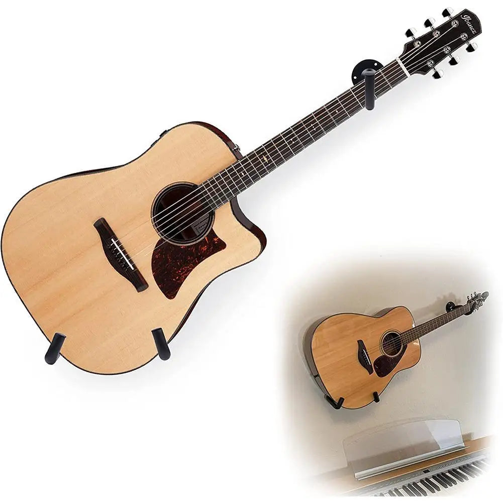 Light-colored acoustic guitar with natural wood finish and black hardware on horizontal metal guitar wall mount for mandolins slat display