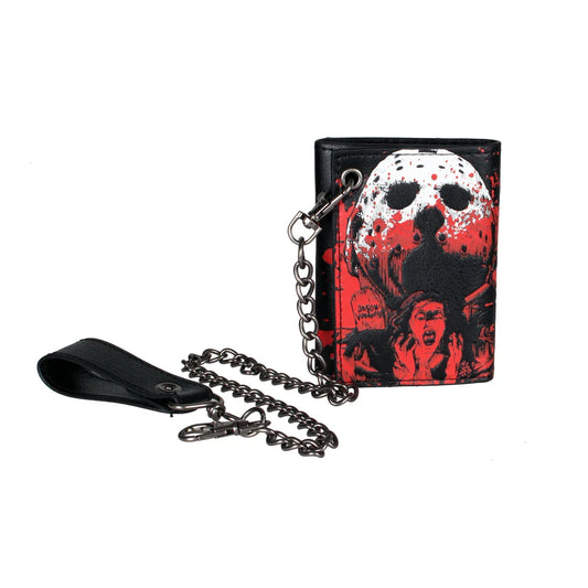 Black leather trifold horror hip hop wallet with jason voorhees graphic, red splatter, and attached metal chain