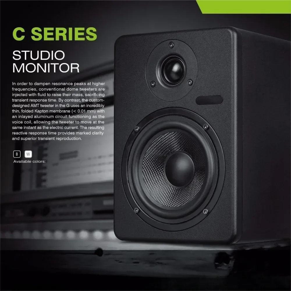 Black rectangular Hot Factory C5 professional active speaker studio monitor with matte finish and dual circular drivers
