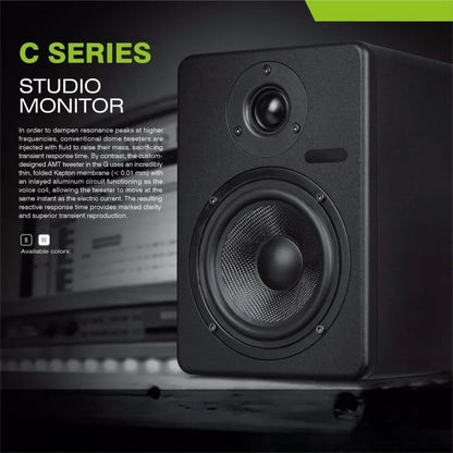 Black rectangular Hot Factory C5 professional active speaker studio monitor with matte finish and dual circular drivers