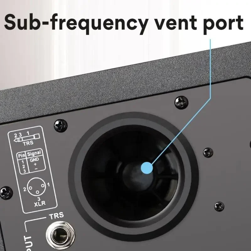 Black factory c5 professional active speaker studio showing back with sub-frequency port and xlr trs input jacks