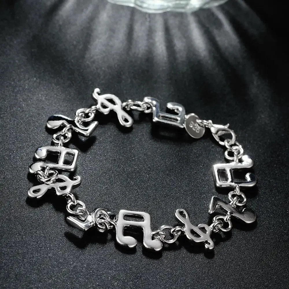 Silver 925 sterling silver musical note chain bracelet with polished charms for women wedding party and student Christmas gifts