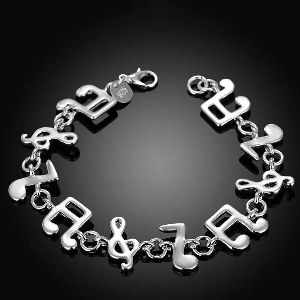 Silver 925 musical note chain bracelet with polished metallic finish and interlocking links for women wedding party and student christmas gifts