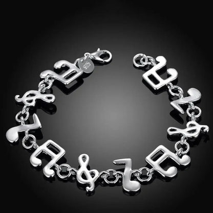 Silver 925 musical note chain bracelet with polished metallic finish and interlocking links for women wedding party and student christmas gifts