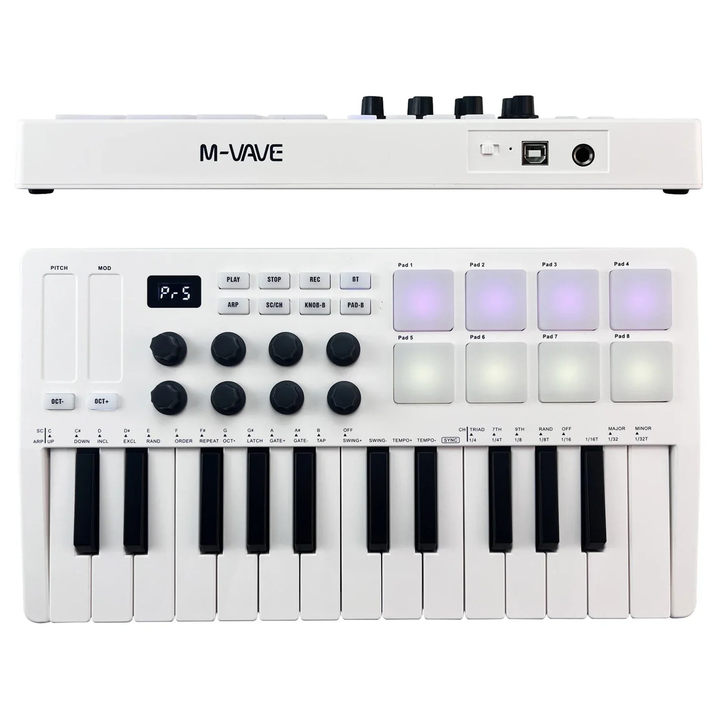White m-vave midi control keyboard with 25 velocity sensitive keys and 8 rgb backlit pads illuminated