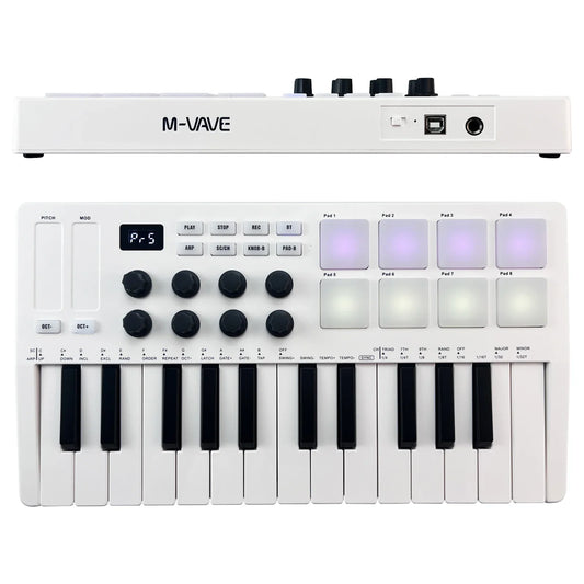 White m-vave midi control keyboard with 25 velocity sensitive keys and 8 rgb backlit pads illuminated
