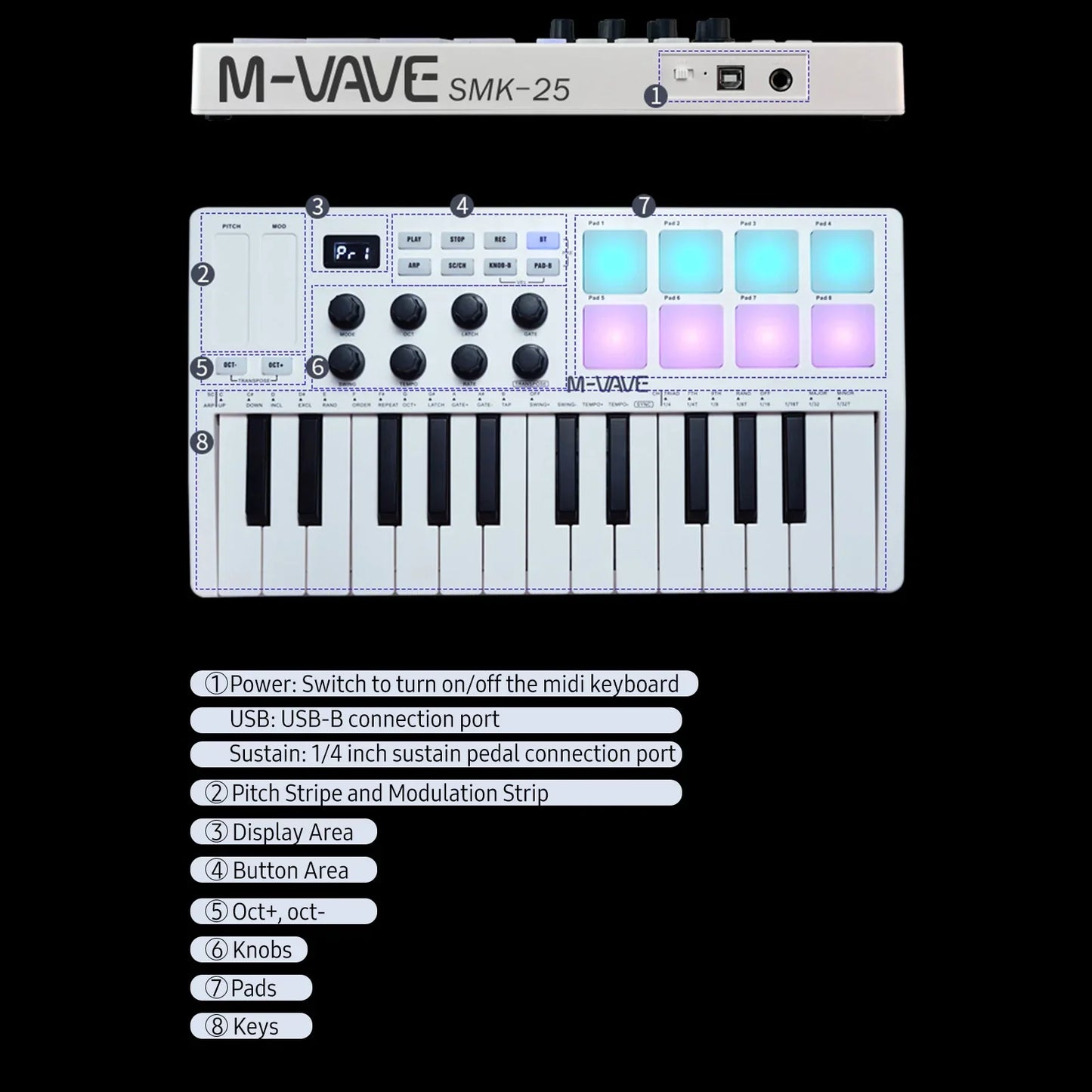 White m-vave 25-key midi control keyboard with velocity sensitive keys and rgb backlit pads in cyan and purple hues