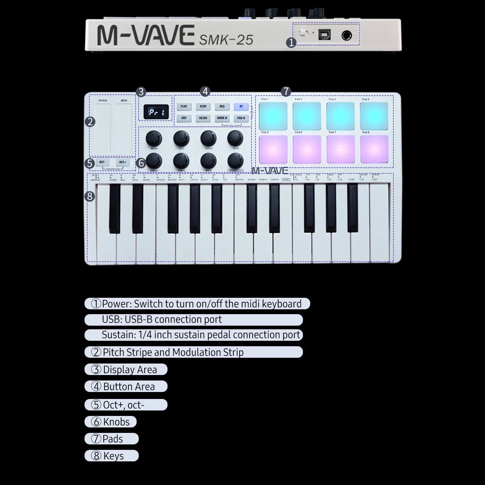 White m-vave 25-key midi control keyboard with velocity sensitive keys and rgb backlit pads in cyan and purple hues
