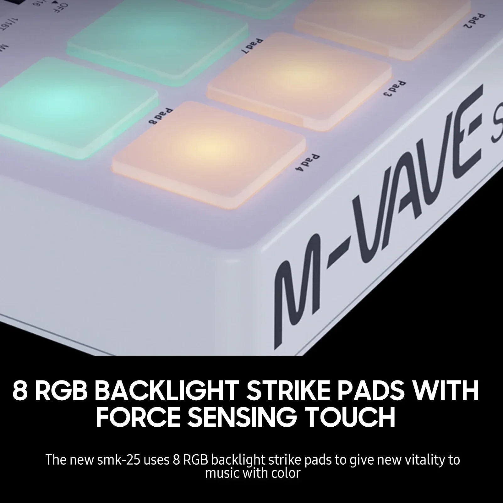 The m-vave smk-25 white midi control keyboard features 25 velocity sensitive keys and 8 rgb backlit pads
