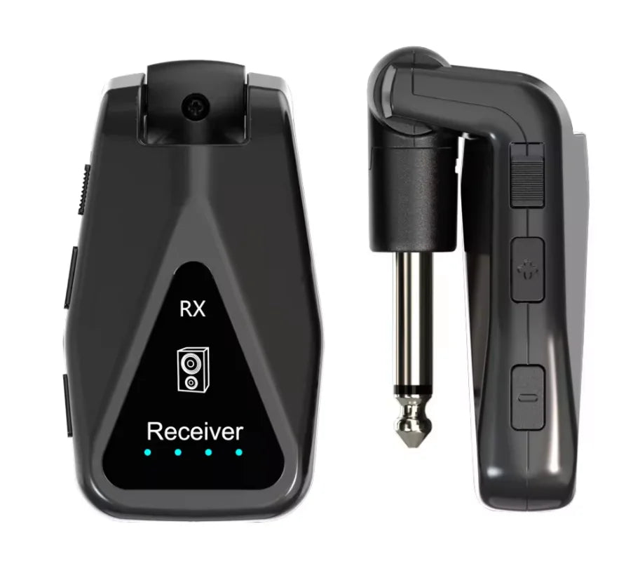Black wireless guitar receiver with 1/4 inch audio jack and led indicators for hot music production studio uhf wireless use
