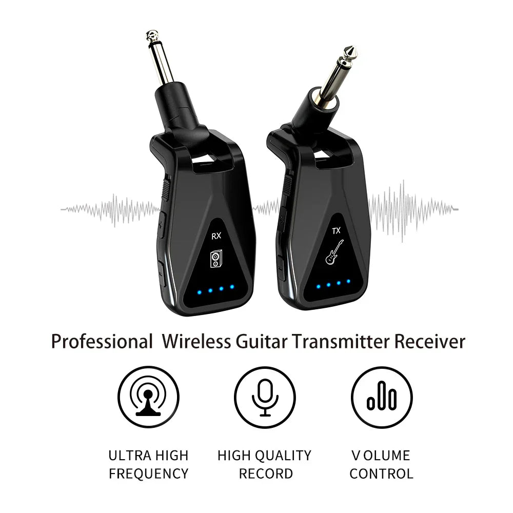 Black wireless guitar transmitter and receiver set with silver jacks and blue led indicators for studio uhf wireless use