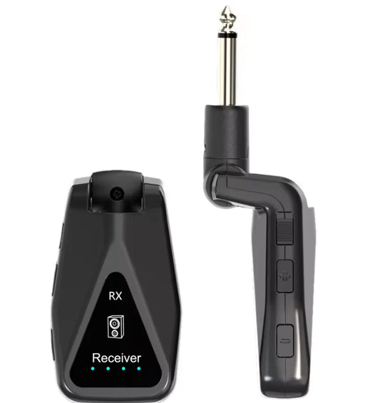 Black wireless guitar receiver with 6.35mm jack and illuminated controls for hot music production studio uhf wireless use