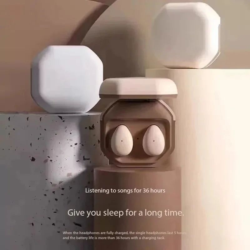 Cream-colored my001 mini wireless earbuds in octagonal charging case designed for sleep hd noise and comfortable gaming music