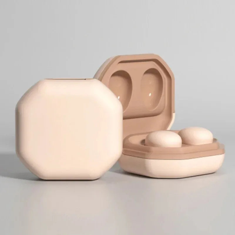 Beige my001 mini wireless bluetooth earbud case with matching earbuds for sleep hd noise reduction and comfortable gaming music