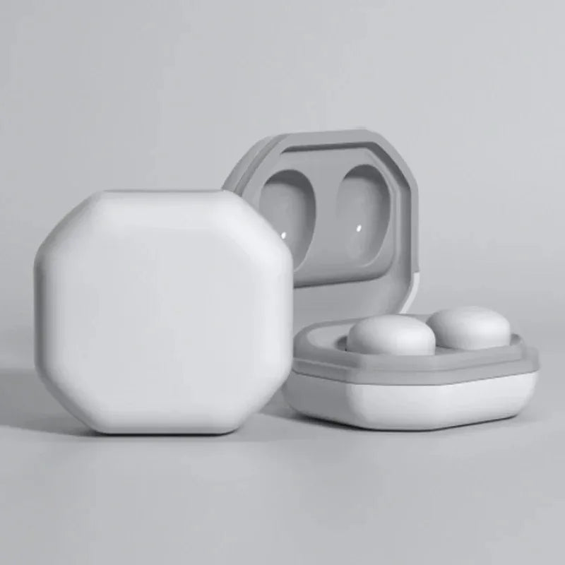 White octagonal my001 mini wireless earbud case with soft matte finish and gray interior for sleep hd noise and comfortable gaming music