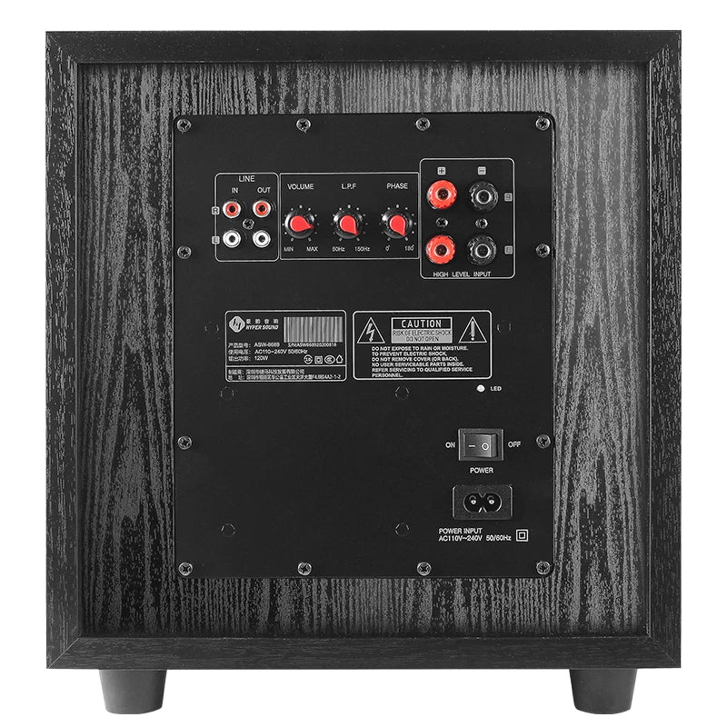 Black wood-grain finished 10 inch high power subwoofer with red knobs and wooden piano painting for type beat music