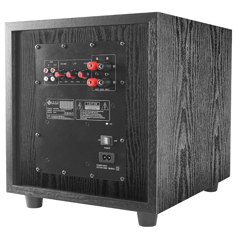 Back side of a black wood-grain 10 inch high power sub woofer with wooden piano painting and red black audio jacks for beat music store